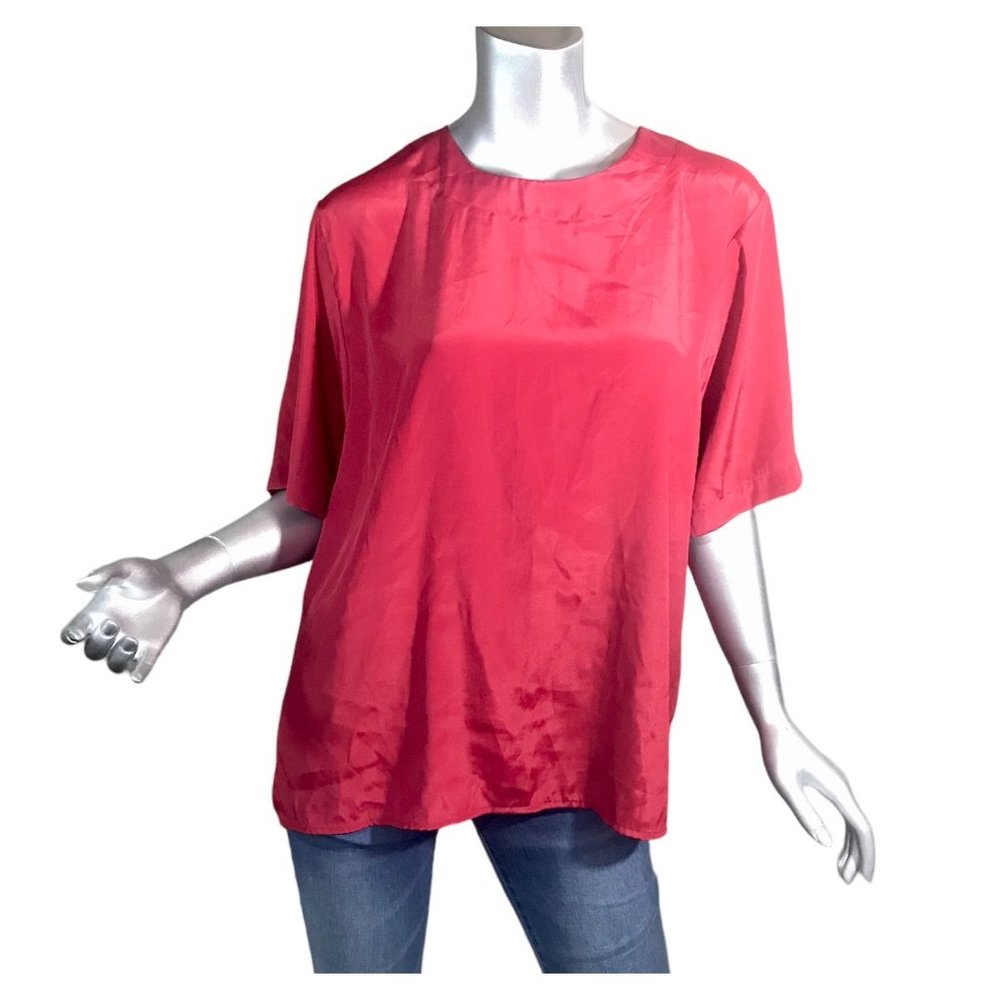 Alyssa Carr Satin Women's Size 16 Red Blouse Tunic Top Crew Neckline Short Sleev